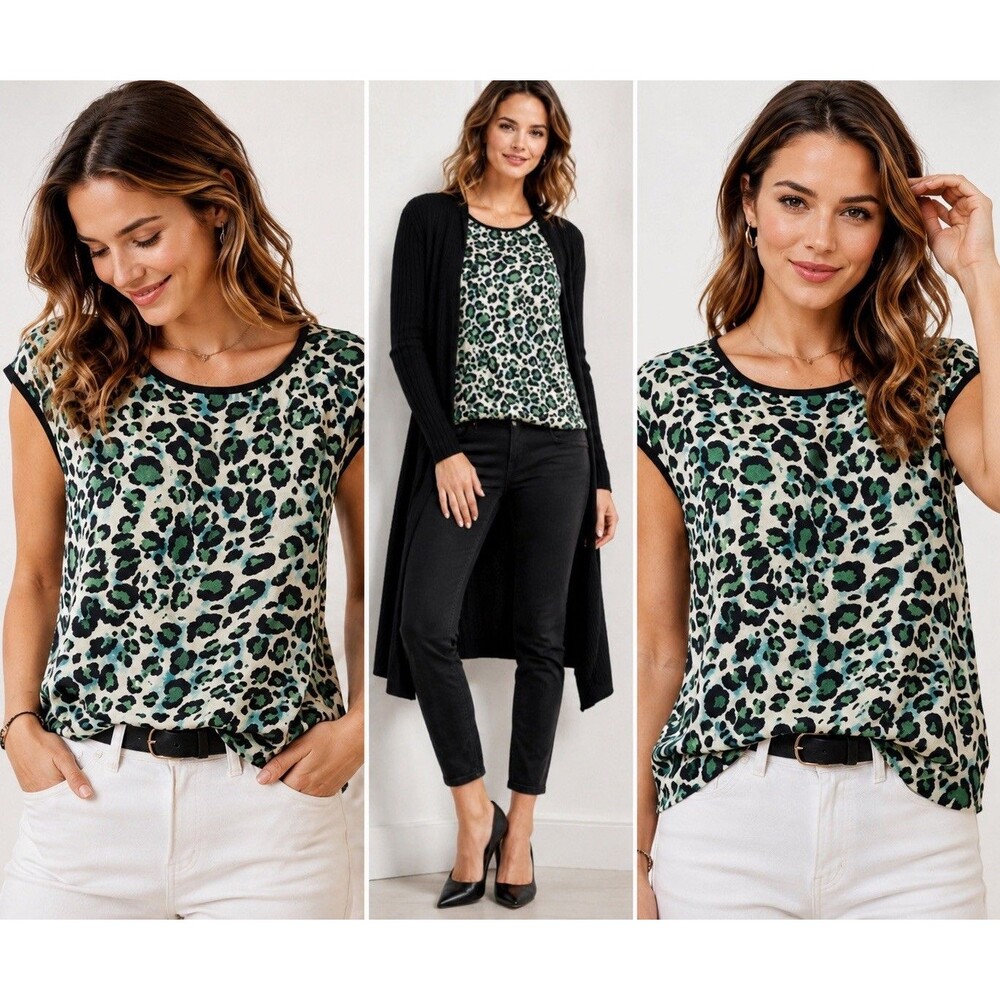 Cabi Jungle Cheetah Envy 3260 Blouse Top Medium Green Black Cap Sleeve Animal
